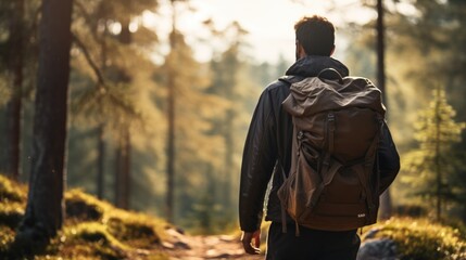 Obraz premium Man with backpack is walking along a forest path