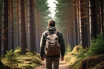 Man with backpack is walking along a forest path