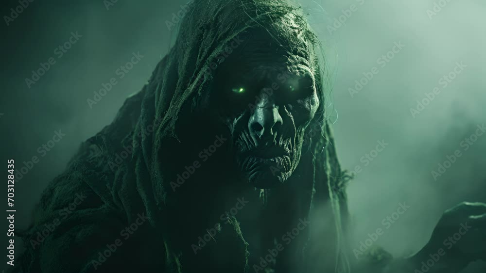Poster a decrepit figure shrouded in a green haze darkness concealing the twisted features of an undead cre