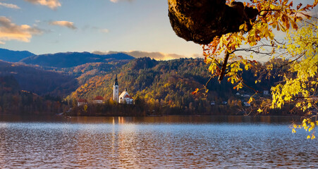 The lake bled with the mountain lake  in Slovenia and  small Pilgrimage Church. Most famous Slovenian