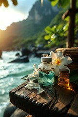 Of spa skin care product on wooden table with flower on top and nature island landscape as...