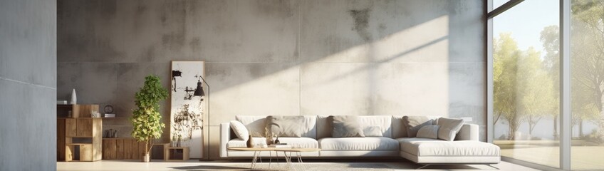 3d beautiful bright interior render with big windows and concrete floor