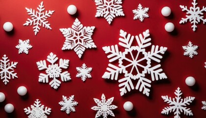 Fototapeta na wymiar a group of snowflakes sitting on top of a red table next to white balls and a red background with white snowflakes in the shape of a snowflakes.
