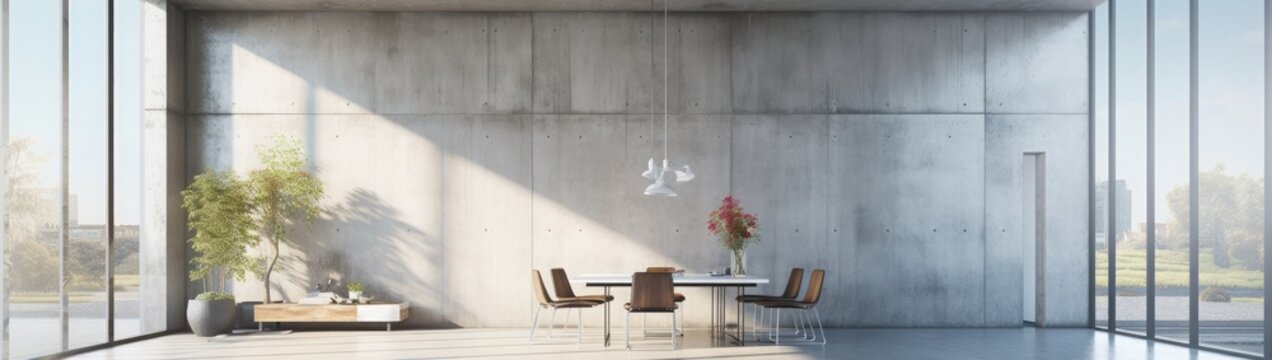 3d beautiful bright interior render with big windows and concrete floor