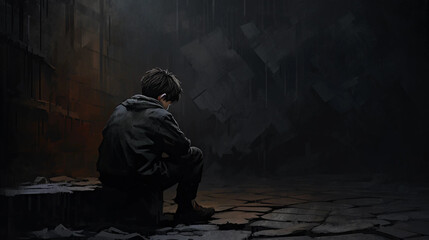 A Cartoon Illustration of a Depressed Boy Sitting in a Dark Alley With Copy Space