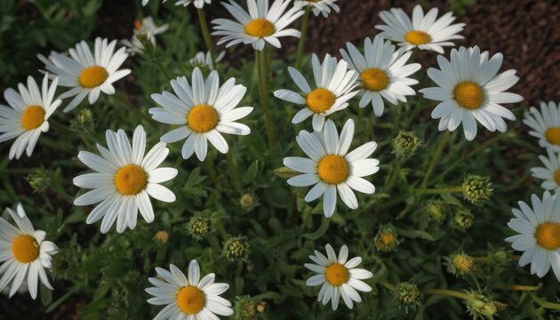  a close up of a bunch of daisies in a field of green and white flowers with a brown center in the middle of the center of the center of the picture.