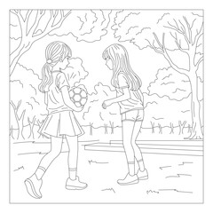 Coloring Page Outline Of a cartoon small child playing beach ball. Coloring book for kids. Anime style