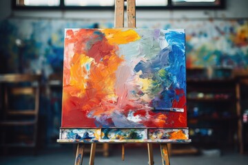 Colorful abstract painting on easel in art studio.