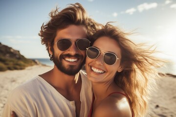 Portrait of happy young couple in sunglasses on the beach at sunset, A beautiful young couple smiling on a summer day at the beach, AI Generated