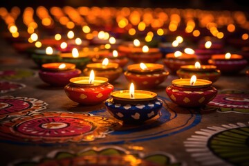 Colorful Diya lamps lit during Diwali celebration in India, Oil lamps lit on colorful rangoli during Diwali celebration, AI Generated