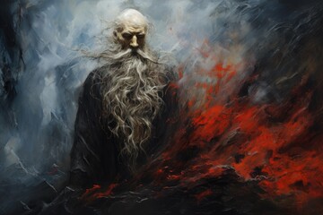 Portrait of a man with long gray hair and a beard on a background of fire, Oil paint with a highly...