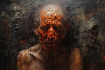 Creepy man with blood on his face. Horror theme, Oil paint with a highly textured texture, AI...