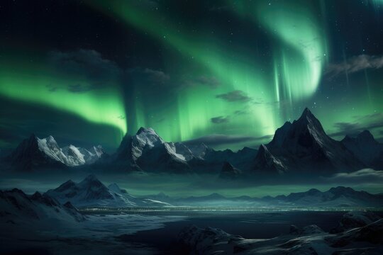 Aurora borealis in the night sky over Lofoten islands, Norway, Northern Lights above mountains, AI Generated