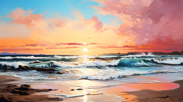 Beautiful seascape with sea waves and sky at sunset.