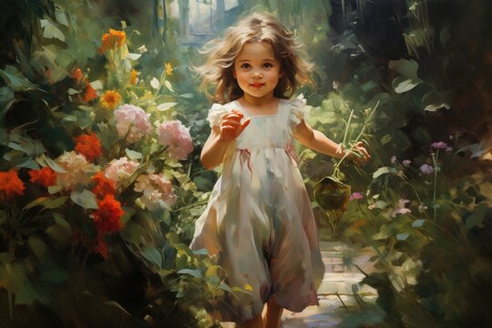 Beautiful little girl in the garden. Photo in oil painting style, Oil painting of a little girl playing in a garden, AI Generated
