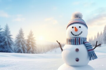 Fototapeta premium Snowman in winter forest at sunset. Christmas and New Year background, Panoramic view of a happy snowman in winter scenery with copy space, AI Generated