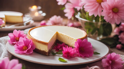 Obraz na płótnie Canvas looking down plate of cheesecake, pink flowers everywhere, vintage look, cinematic lighting, food photography, beautiful, delicious food, recipe photography, realistic, natural light, colorful, food a