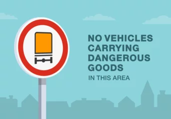 Fotobehang Safe driving tips and traffic regulation rules. Close-up of european "No vehicles carrying dangerous goods" sign. Flat vector illustration template. © flatvectors