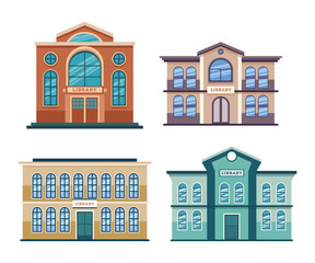 Set of Public Library Building Collection, Education building construction for study and reading books, Public lending or academic facade, national library, flat style, isolated white background.