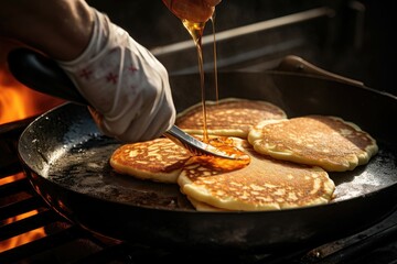 Pouring syrup over hot pancakes on a skillet