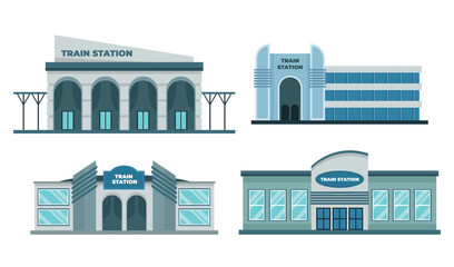 Set of Icons Railway Station Building Platform collection, train station or railroad station architecture Facades, modern exterior, Isolated on White Background. Cartoon Vector Illustration. - obrazy, fototapety, plakaty