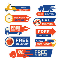 Free delivery label design sale promotion collection, Free Delivery badge sticker set, Free shipping order icon vector with scooter, truck and package gift, vector illustration. - obrazy, fototapety, plakaty