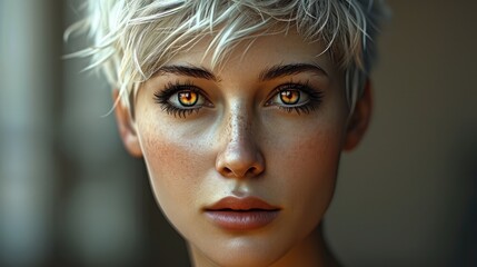 A beautiful woman's face with white short hair. Generative AI.