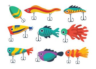 Set of fishing lures collection, isolated on a white background, vector illustration, Fishing hooks, fishery baits for angler, fisher accessories with hooks. Vector isolated plastic wobblers set.