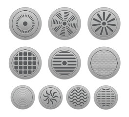 Set of Realistic manhole cover icon, Heavy steel sewer hatch drain hole, sewer pit, Well hatch street isolated on white background, vector illustration.