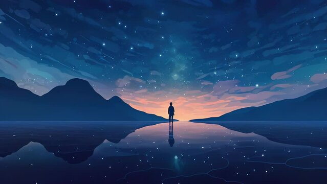 A person standing alone on a beach at night looking up at the stars representing the idea of being connected Psychology art concept.