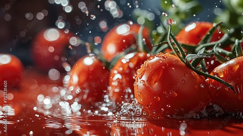 Poster Floating fresh red tomato with splash of water, Red background. Generative AI.