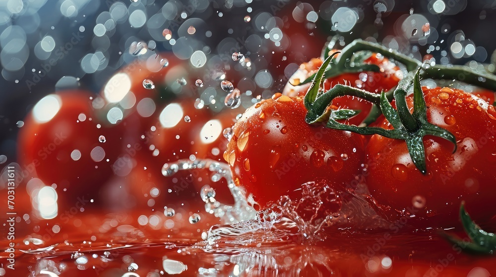 Poster Floating fresh red tomato with splash of water, Red background. Generative AI.