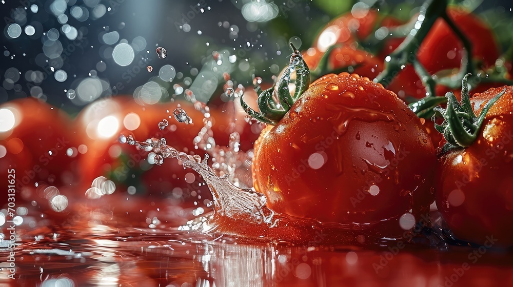 Poster floating fresh red tomato with splash of water, red background. generative ai.