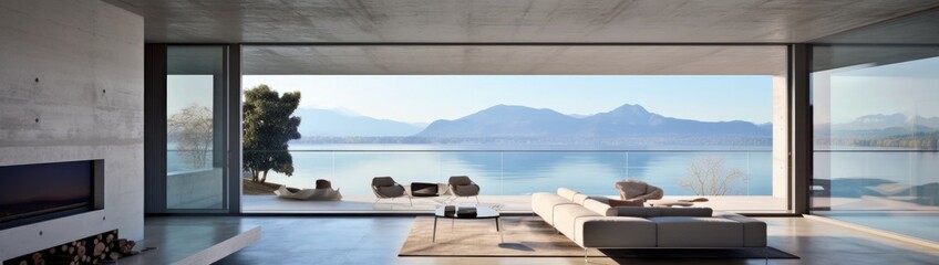 Obraz premium beautiful modern house in cement, interiors, view from the living room