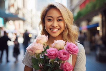 Pretty blond happy Asian woman with pink rose flower bouquet