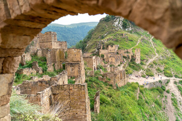 Dagestan Gamsutl. Ancient ghost town of Gamsutl old stone houses in abandoned Gamsutl mountain...