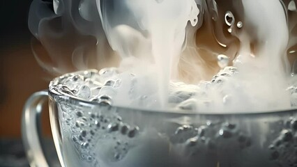 Luxurious es froth and fold into the glass as the steam rolls off the surface in this captivating macro shot.