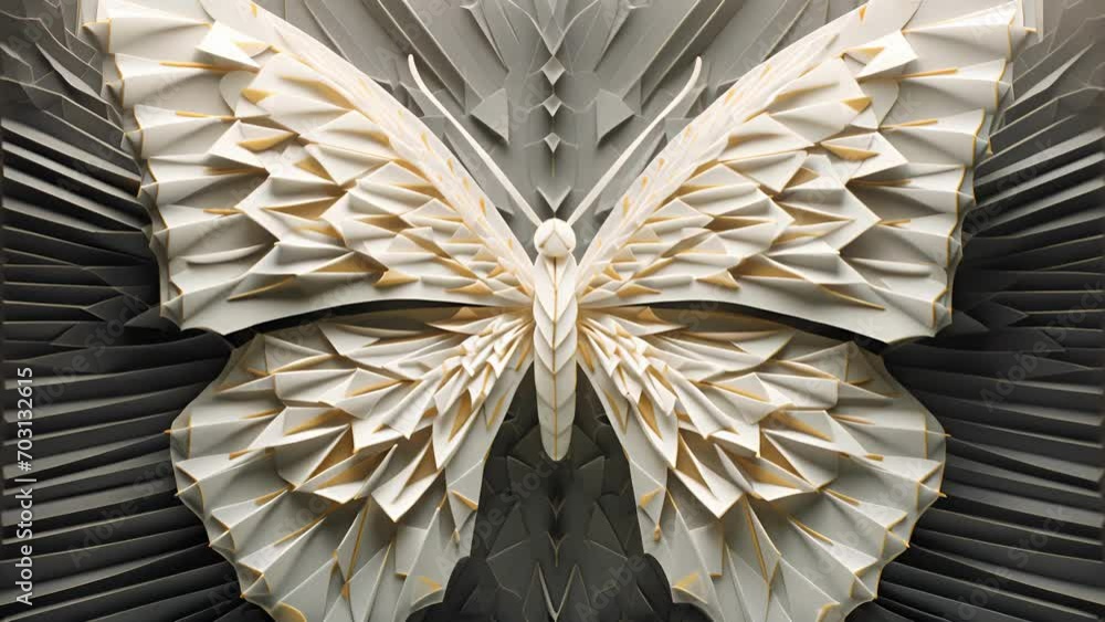 Poster a magnified view of an origami erfly, revealing the geometrical patterns and symmetrical folds that 