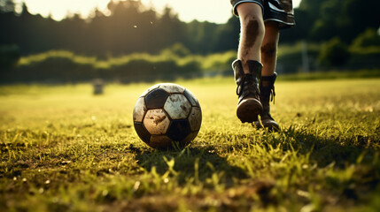 child leg shoot football on a field - obrazy, fototapety, plakaty