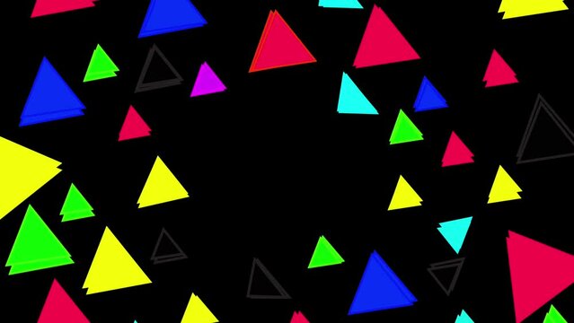 2d rotation animation of filled triangle shapes with turbulence displacement effect on black background for titles or intro, abstract background