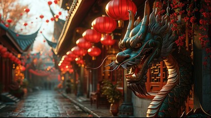 During Spring Festival, Red lanterns and dragons dance in the background. Generative AI.