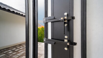 Close-up door hinges on the black aluminum folding doors with glass on white building background, vertical style.