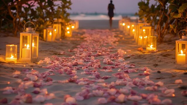 A stunning closeup of a pathway decorated with flickering lanterns and delicate rose petals, leading to a private nook on the beach, ideal for a romantic picnic or quiet time together.