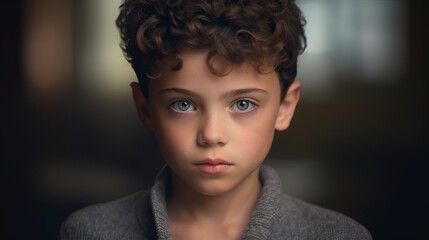 Portrait of a kid with blue eyes and curly hairs