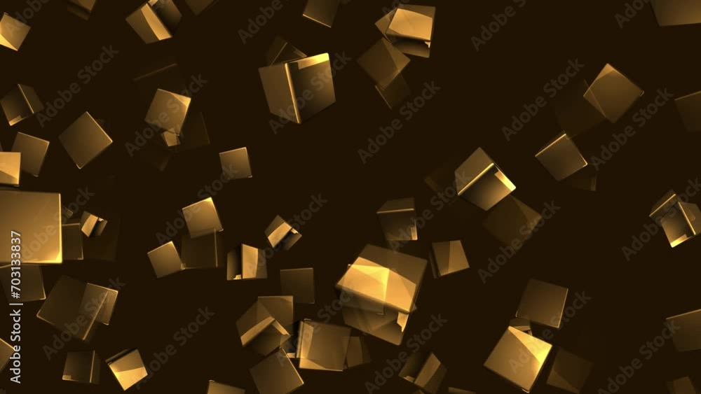 Poster video footage one minute abstract dark background with randomly rotating golden cubes