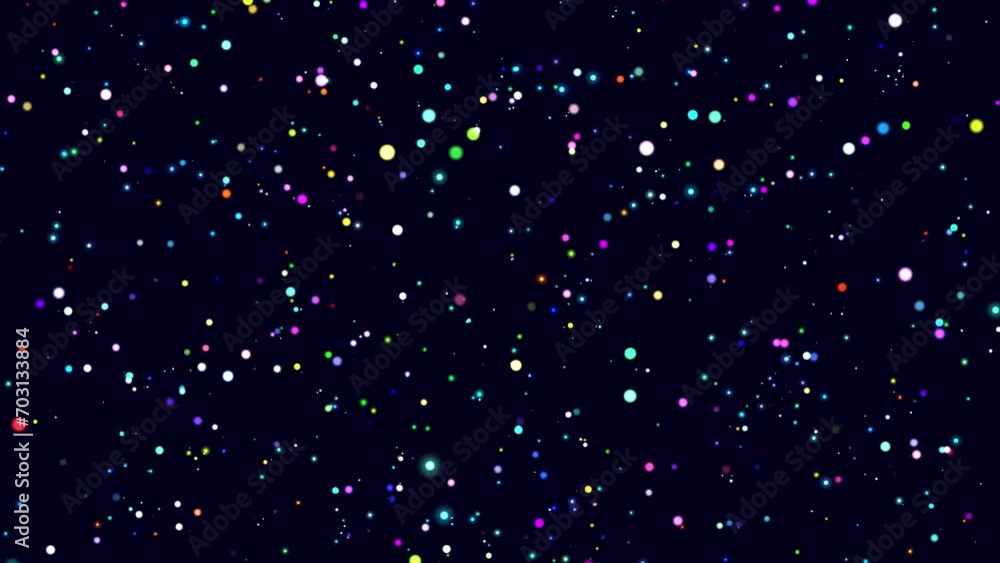 Poster video footage one minute abstract background with rotating colored particles on dark