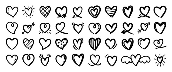 Set of heart doodle element vector. Hand drawn doodle style collection of different heart, love symbol. Illustration design for print, cartoon, card, decoration, sticker, icon, valentine day.