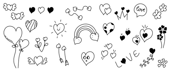 Set of valentine doodle element vector. Hand drawn doodle style collection of different heart shapes, rainbow, arrows, flower, balloon, crown. Design for print, cartoon, card, decoration, sticker.