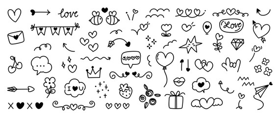 Set of valentine doodle element vector. Hand drawn doodle style collection of heart shaped, lips, arrows, flower, gift, cherry, rose, love letter. Design for print, cartoon, card, decoration, sticker.