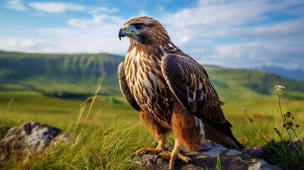 Bird of Prey Sitting on Rock in Field